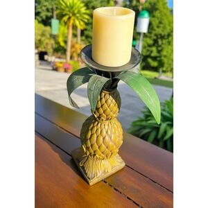 VTG Ornate Wood & Metal  Pineapple Pedestal Pillar Candle Holder | Sunroom Decor